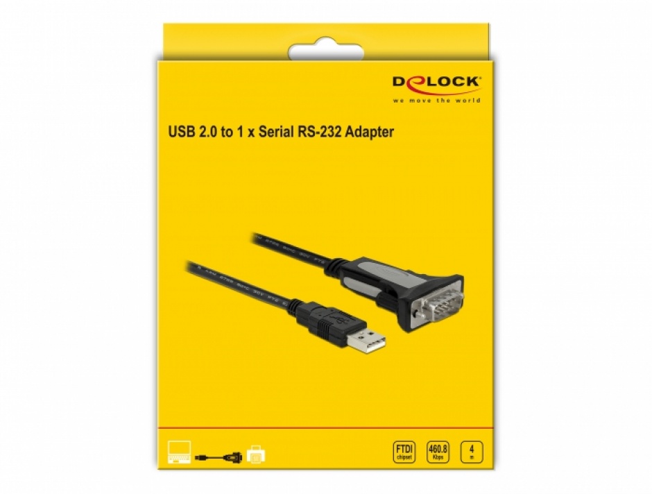 Imagine Cablu USB la Serial RS-232 DB9 FTDI 4m, Delock 66323